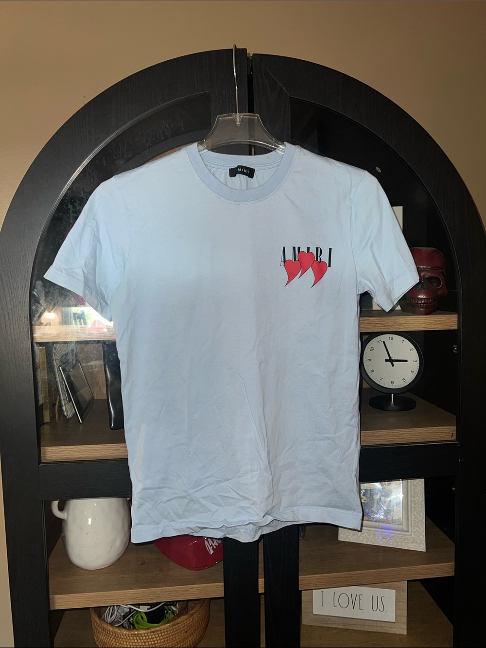 AMIRI Light Blue Short Sleeve Tee with Three Hearts Motif EUC M